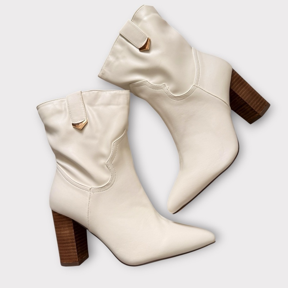 Lulus Western-Inspired Cream Block Heel Boots – Size 8.5
